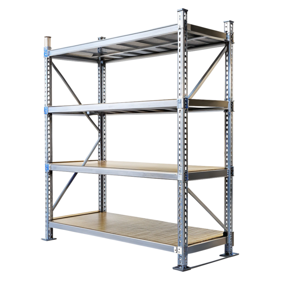 Heavyduty industrial metal shelving unit with three wooden shelves and adjustable height png