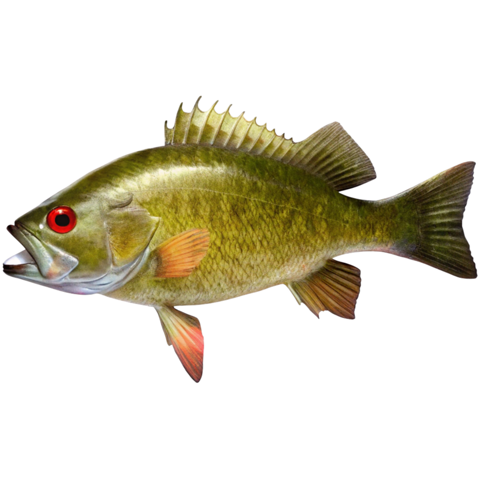Closeup of a Green Sunfish with Vibrant Red Eyes and Detailed Fins png