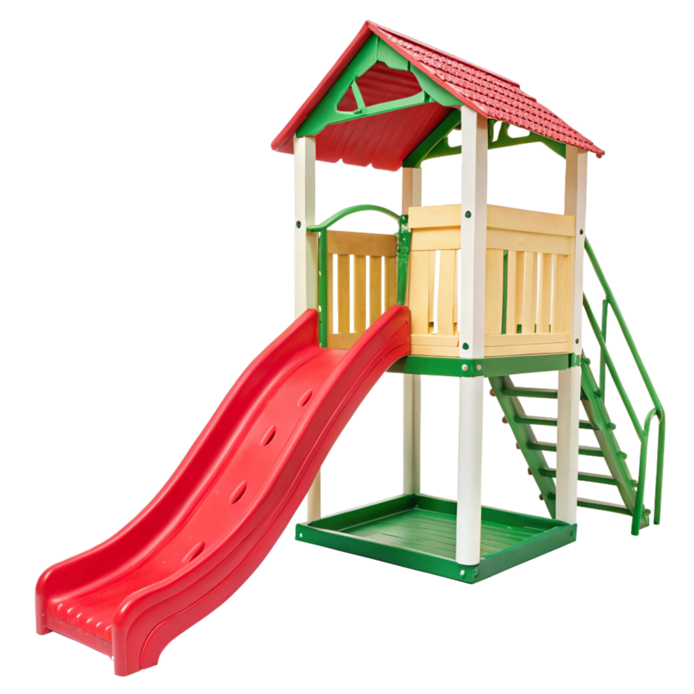 Kids Plastic Playground Slide Set with Red Slide Green Frame and Climbing Ladder png