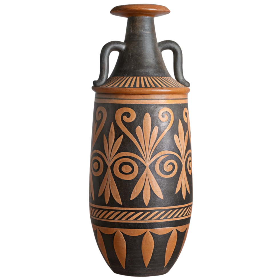 Ancient Greek Style Ceramic Olla Tall Vase with Elegant Geometric Design png