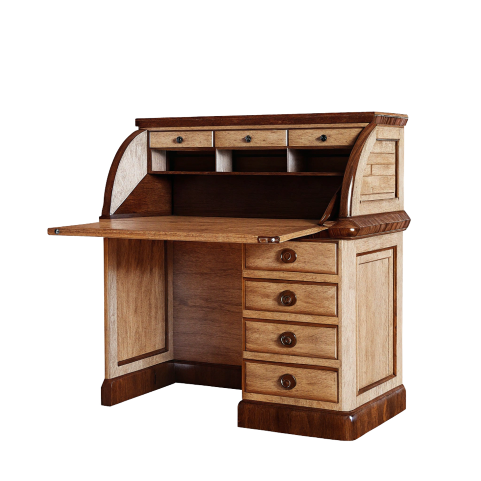 Elegant Roll Top Desk Made of Fine Wood with Multiple Drawers and Compartments png