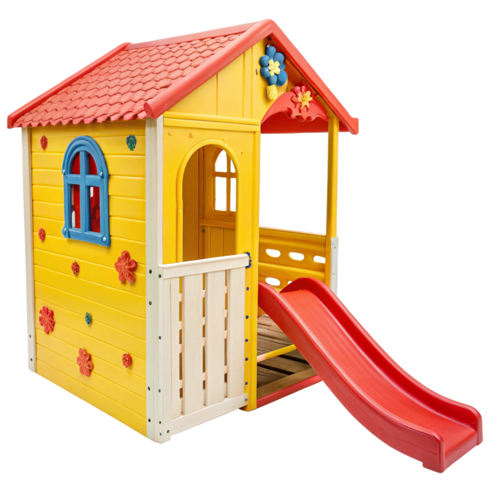 Yellow Red Plastic Playhouse with Slide for Kids Outdoor Fun png