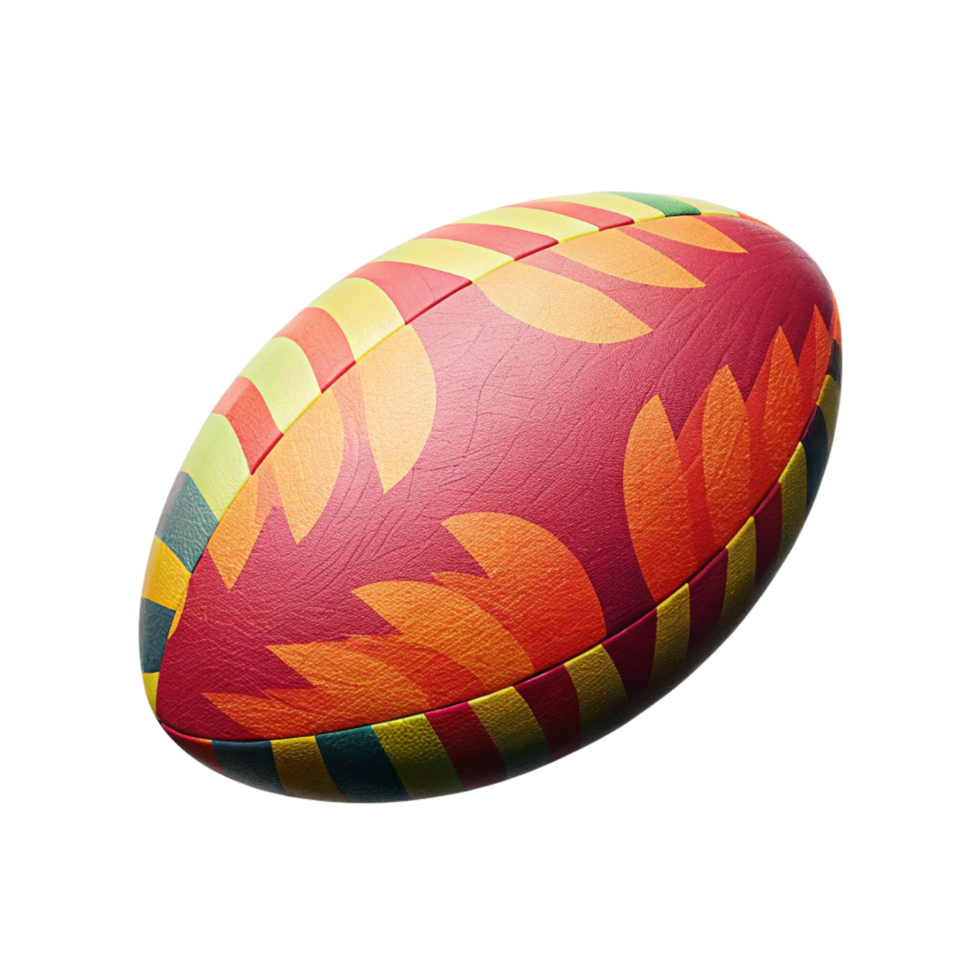 Colorful Rugby Ball with Abstract Leaf Design and Striped Pattern png
