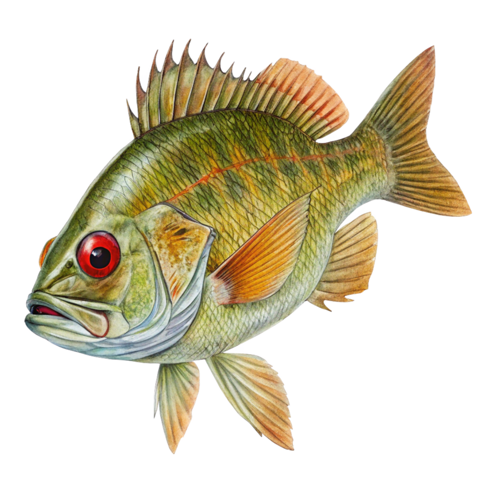 Detailed Watercolor Painting of a Redeye Bass Fish with Vibrant Colors and Fins png