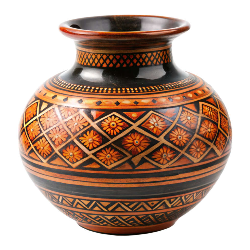Handcrafted Decorative Orange and Black Pottery Vase with Intricate Floral and Geometric Designs png