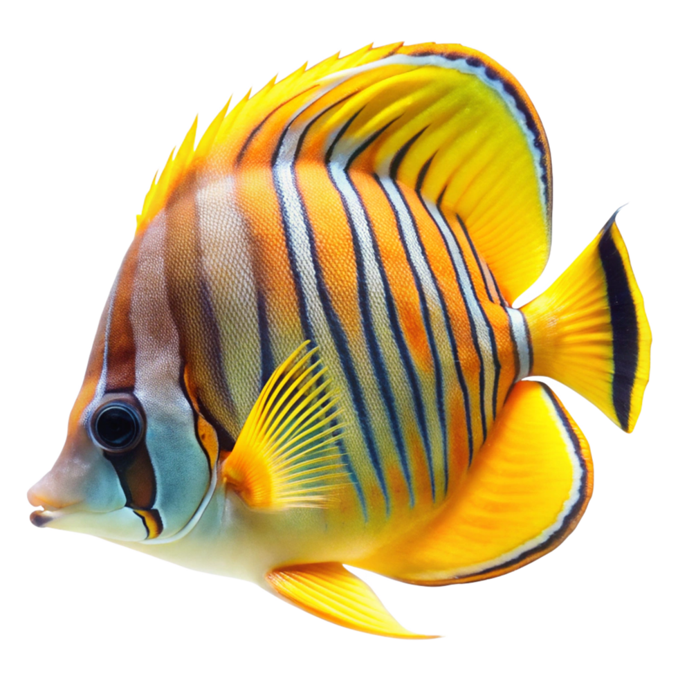 Striking Yellow and Orange Butterflyfish with Intricate Body Stripes in Vibrant Colors png