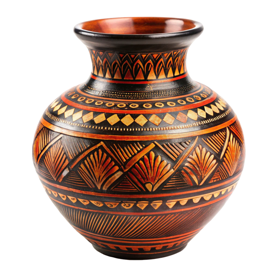 Handcrafted Orange and Black Pottery Vase with Intricate Geometric and Floral Designs png
