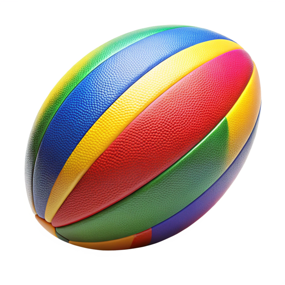 A vibrant multicolored rugby ball with rainbow stripes png