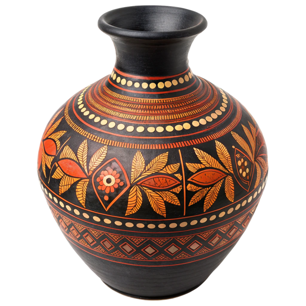 Handcrafted Black Terracotta Vase with Intricate Orange and Yellow Floral Design png