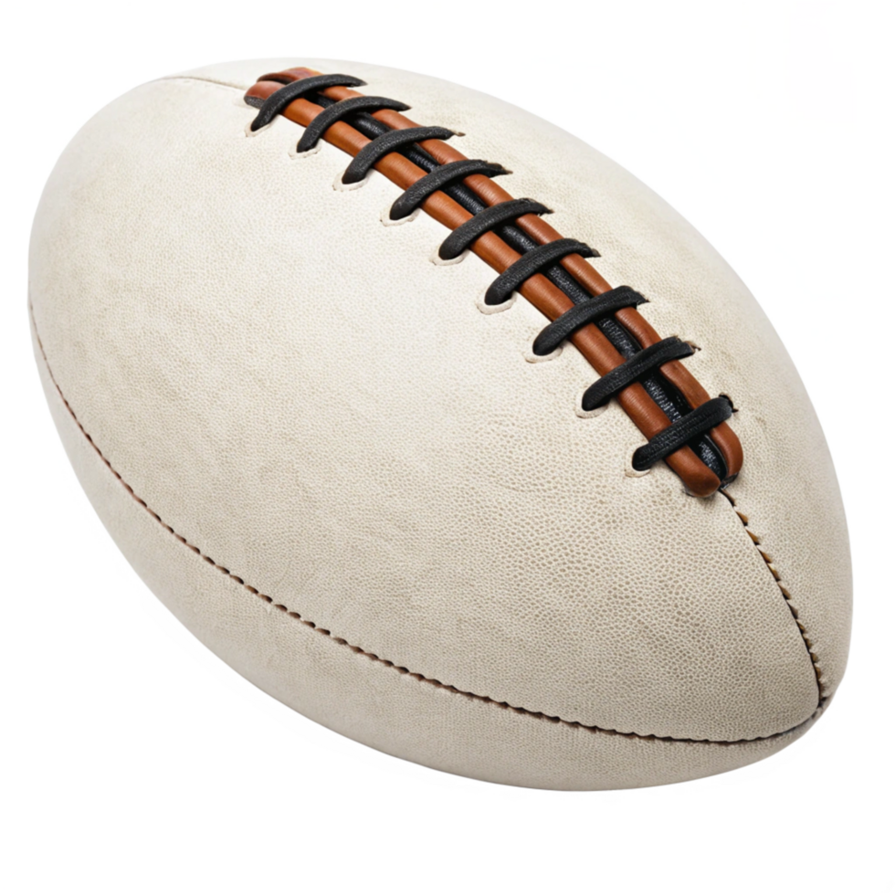 Closeup of a CreamColored Leather Rugby Ball with Brown and Black Laces png