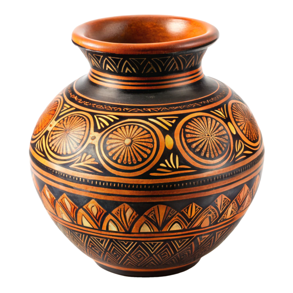 Handcrafted Orange and Black Clay Pot with Intricate Geometric Designs png