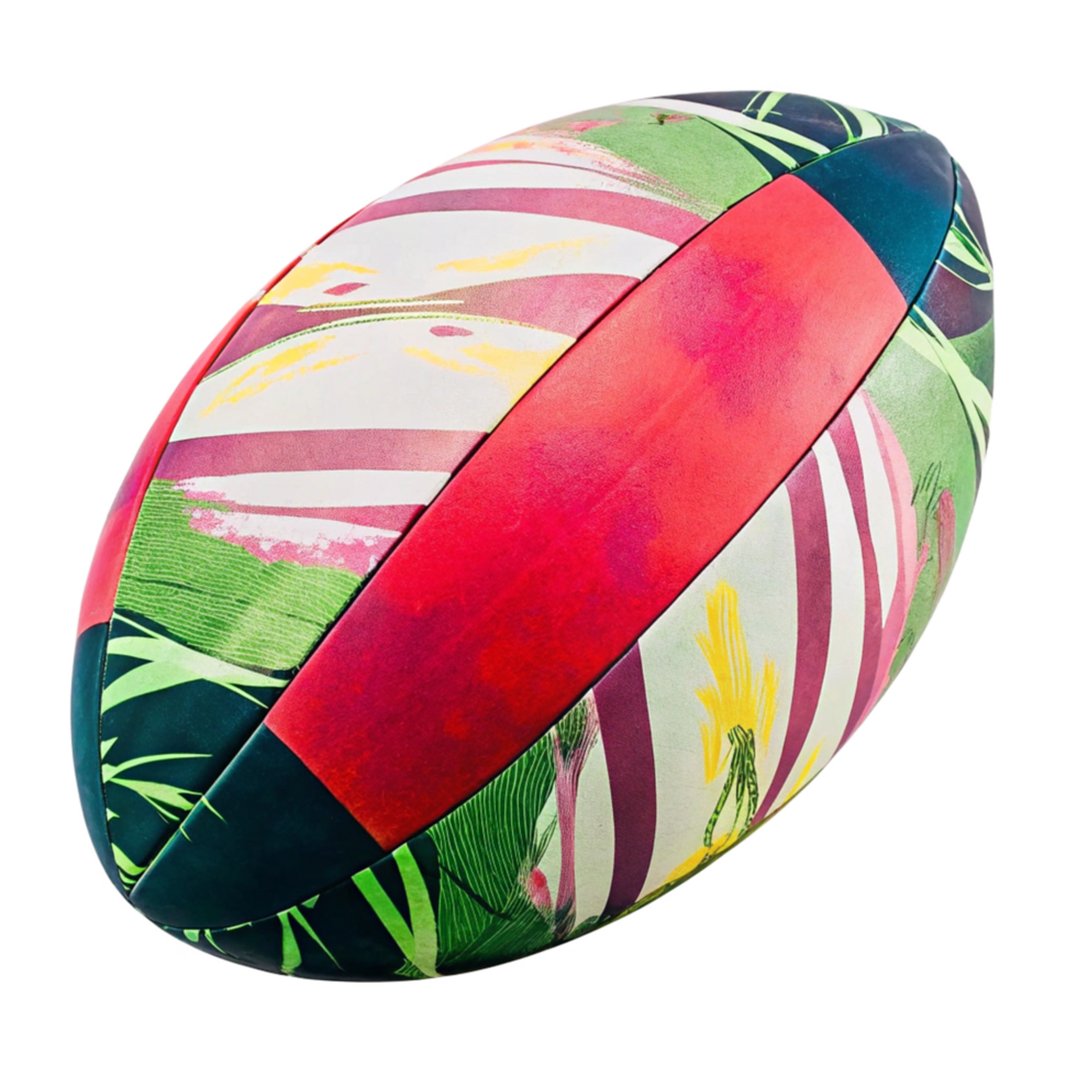 Vibrant Tropical Rugby Ball with Colorful Abstract Design and Pattern png