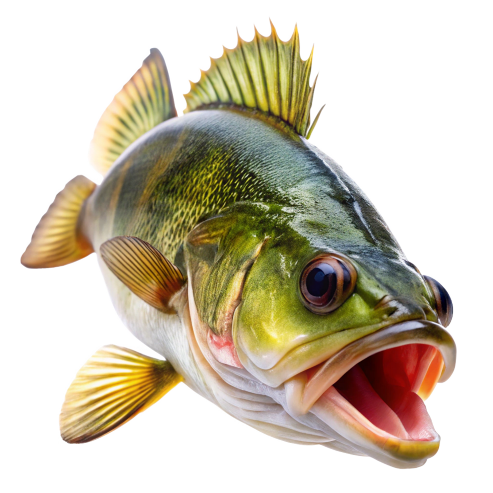 A Stunning Closeup of a Walleye Fish with Open Mouth Showing Teeth and Fins png