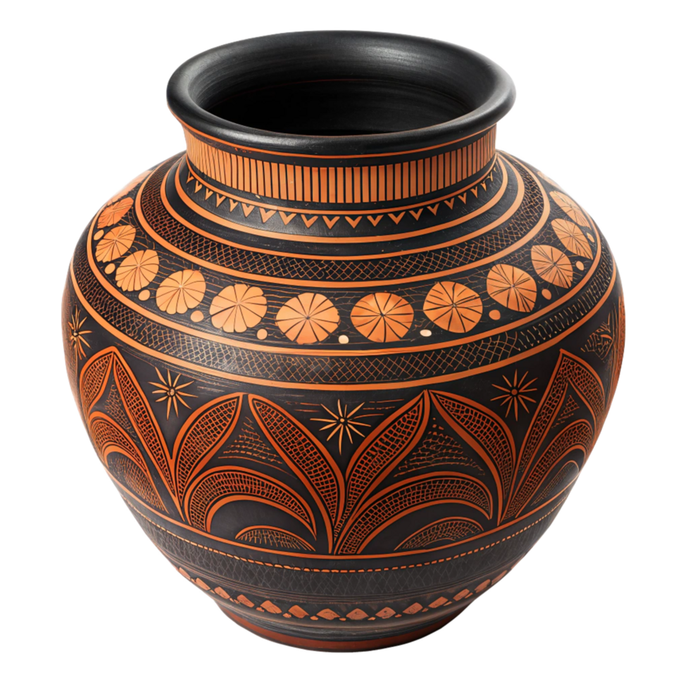 Ancient Greek Style Ceramic Jar with Intricate Orange and Black Design png