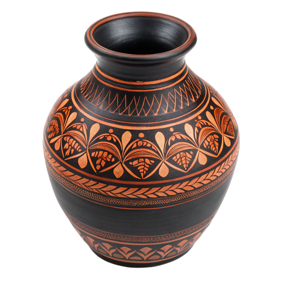 Elegant Black and Orange Handcrafted Pottery Vase with Intricate Geometric and Floral Designs png