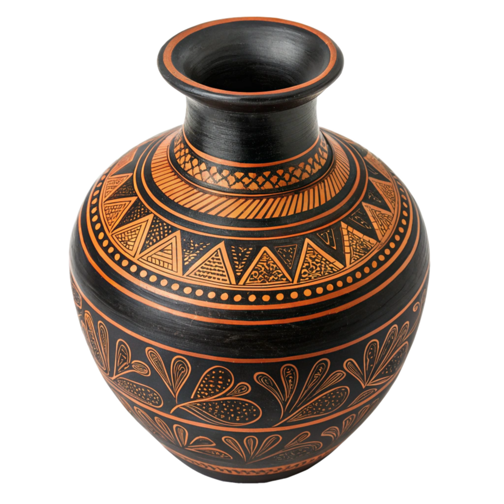 Handcrafted Black and Orange Pottery Vase with Intricate Geometric and Floral Designs png