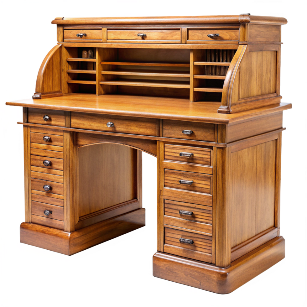 A Wooden Roll Top Desk with Multiple Drawers and Compartments png