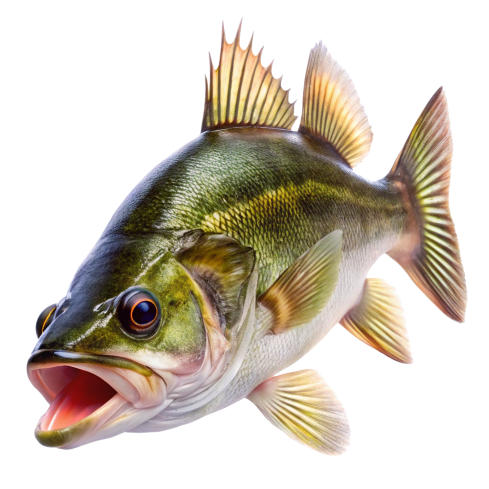 Closeup of a vibrant green and gold fish with open mouth isolated on black background png