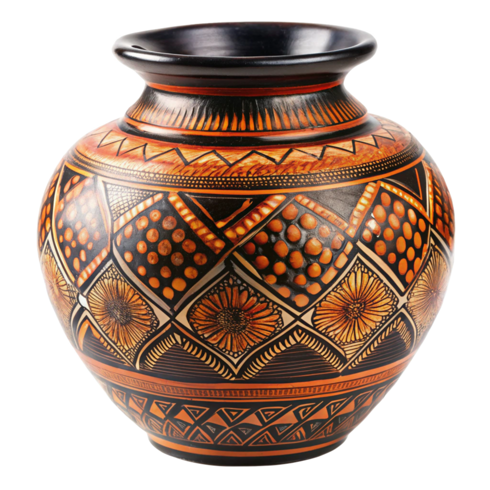 Handcrafted Orange and Black Decorative Ceramic Vase with Intricate Geometric and Floral Patterns png