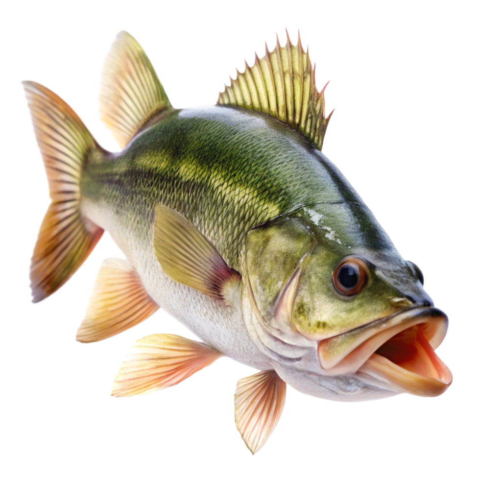 Closeup of a Largemouth Bass Fish with Open Mouth Showing Fins and Scales png