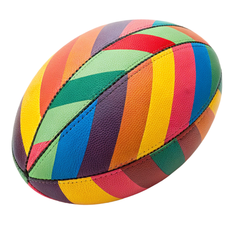 Vibrant Rainbow Rugby Ball Colorful Leather Stitched Sports Equipment png