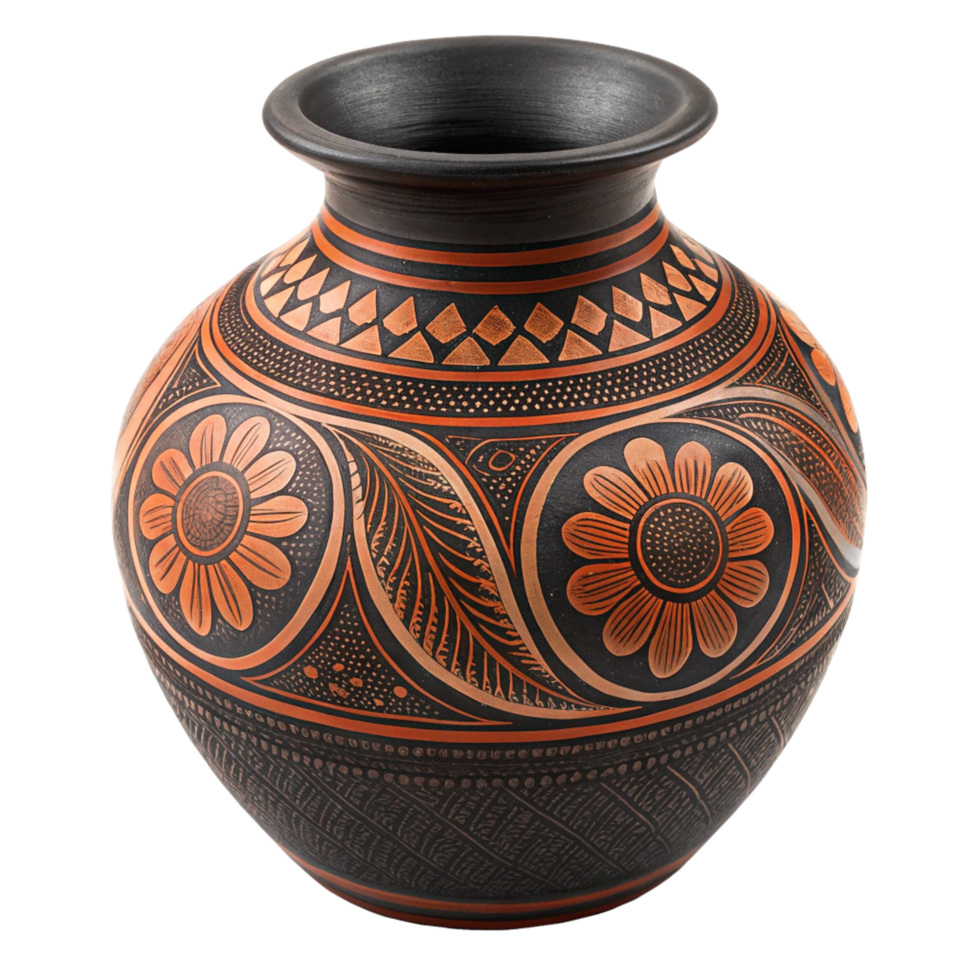 Handcrafted Black and Orange Terracotta Vase with Intricate Floral and Geometric Designs png