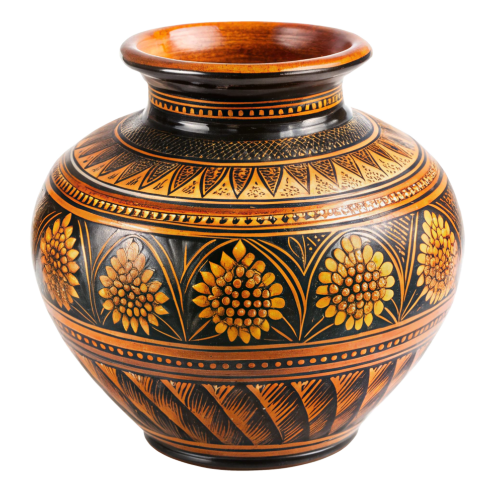 Handcrafted Decorative Ceramic Pot with Intricate Floral and Geometric Patterns in Orange and Black png