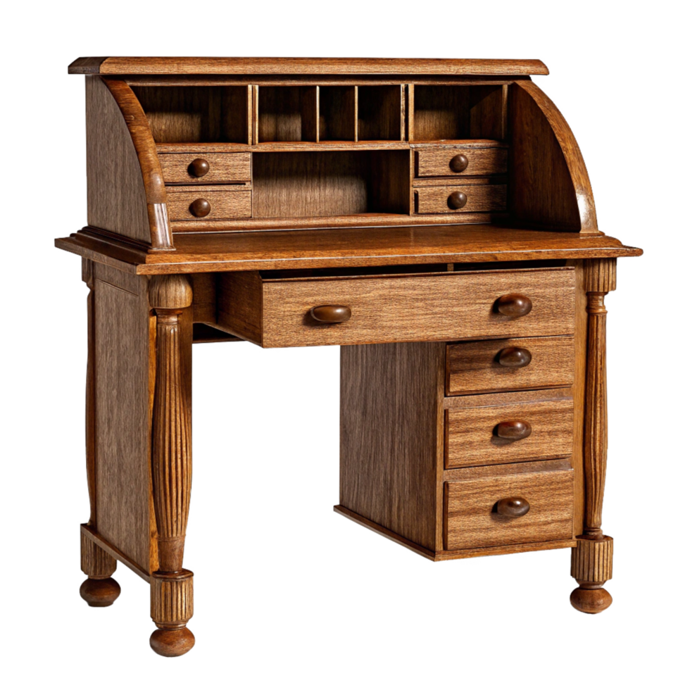Wooden Roll Top Desk with Multiple Drawers and Compartments png