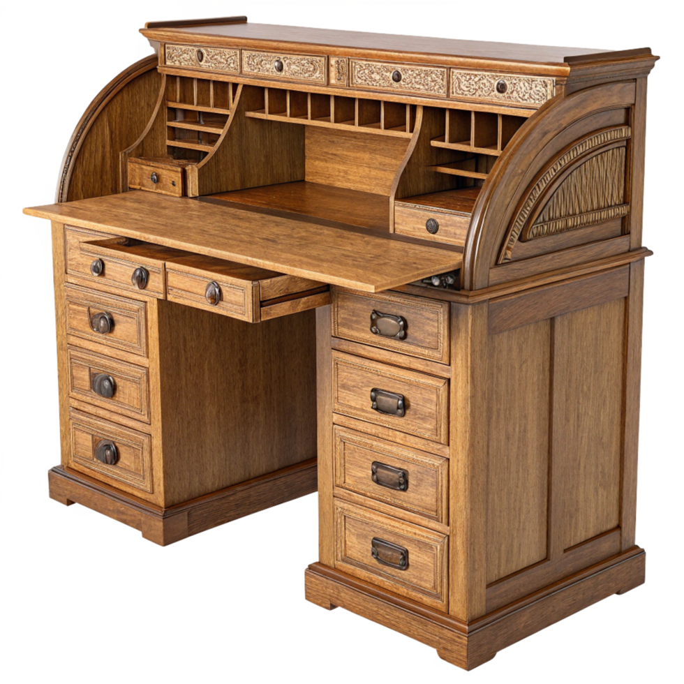 Elegant Wooden Roll Top Desk with Intricate Carvings and Ample Storage png