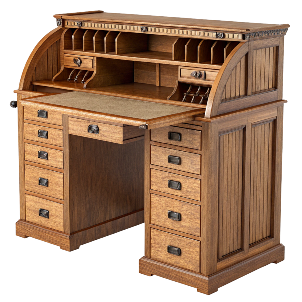 Elegant Antique Roll Top Desk with Multiple Drawers and Compartments png