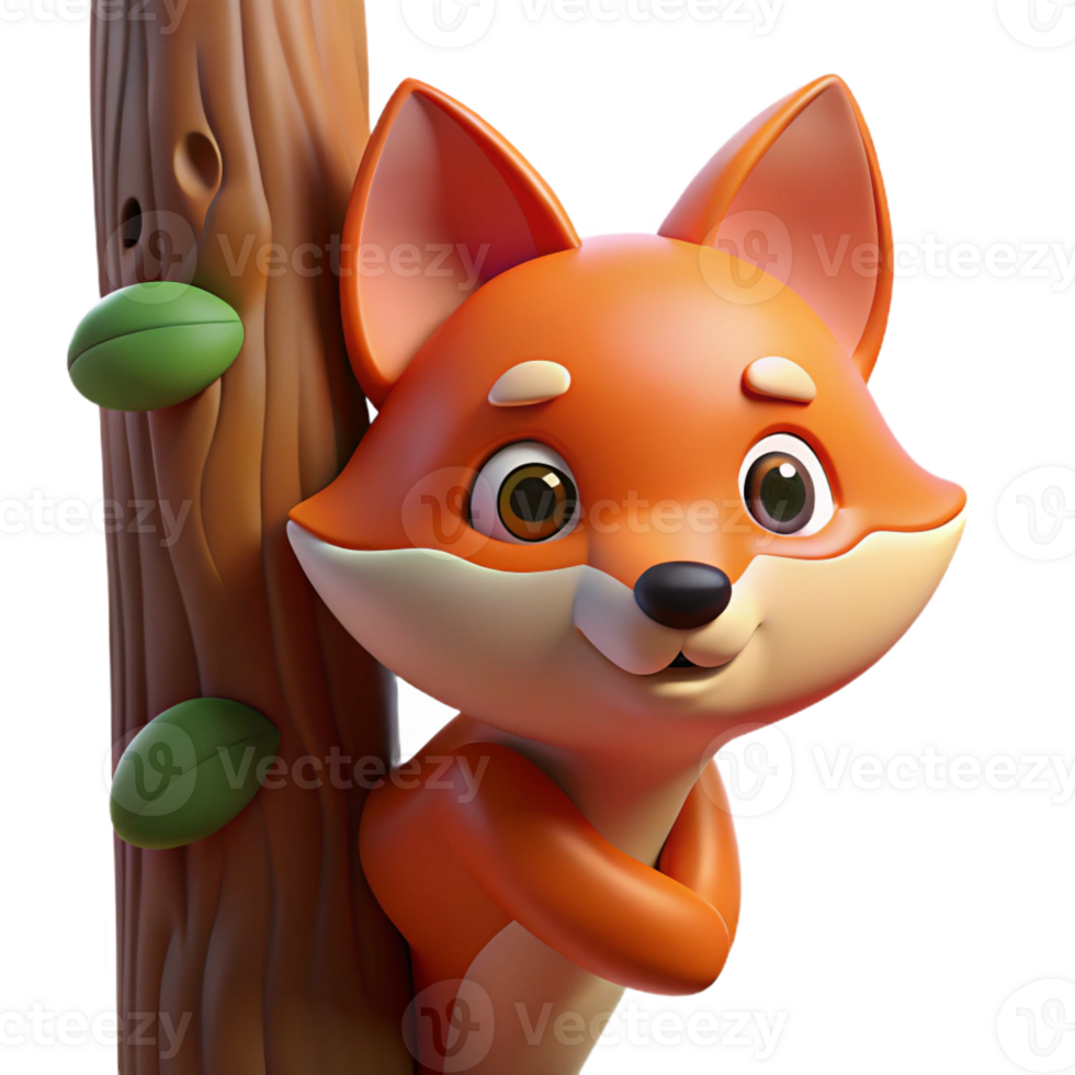 elegant creative A curious fox peeking out from behind a tree, illuminated by the soft light of dawn. Rendered in a whimsical, illustrative style exclusive png