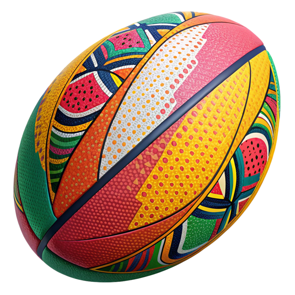 Vibrant Colorful Rugby Ball with Abstract Geometric and Watermelon Design png