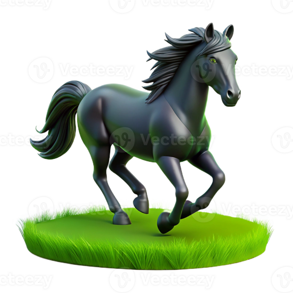 vibrant modern A sleek, black horse galloping across a green meadow, illuminated by bright sunlight. Rendered in a dynamic, realistic style genuine png