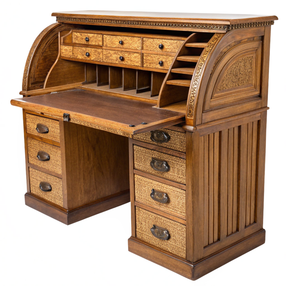 Antique Roll Top Desk with Intricate Woodwork and Multiple Drawers png