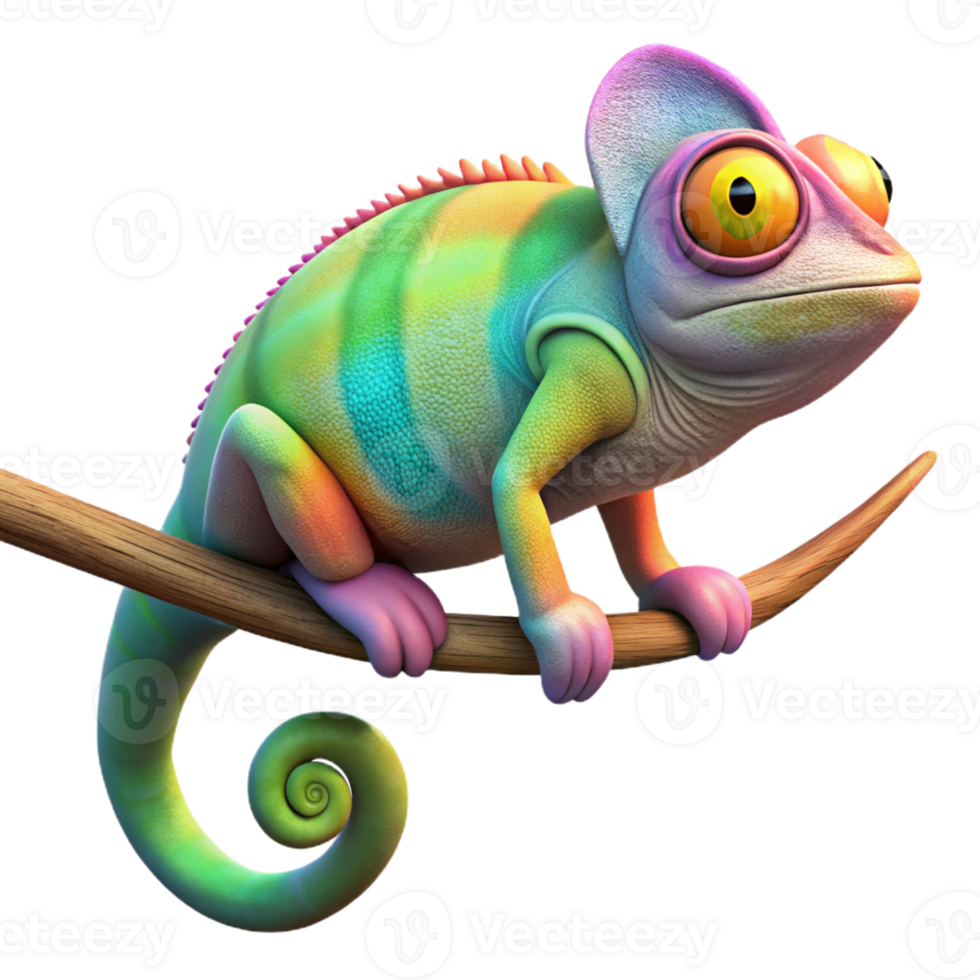 elegant minimalist A colorful chameleon perched on a branch, blending seamlessly with its surroundings, illuminated by dappled sunlight. Rendered in a vibrant, photorealistic style detailed png