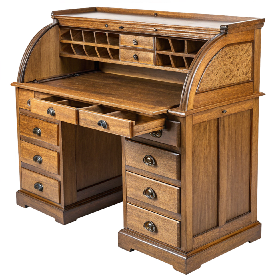 Elegant Roll Top Desk Made of Rich Dark Wood with Multiple Drawers and Compartments png
