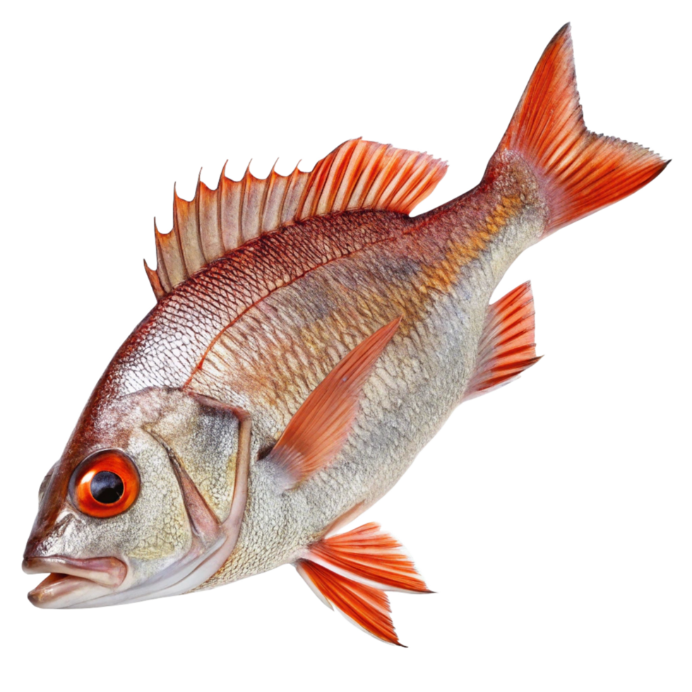 Closeup of a vibrant red and orange fish with striking orange eyes, showcasing its detailed scales and fins against a black background png