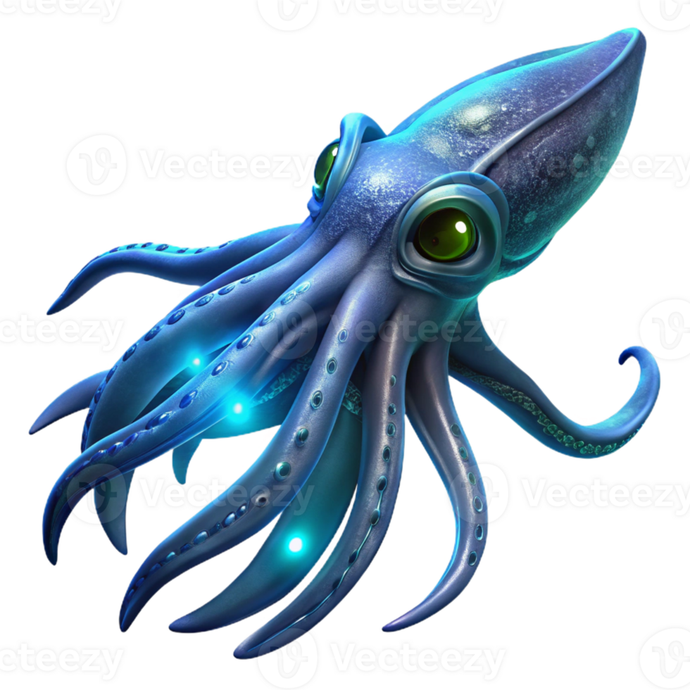 elegant artistic A giant squid swimming through the deep ocean, illuminated by bioluminescent creatures. Rendered in a mysterious, dark fantasy style 4K png