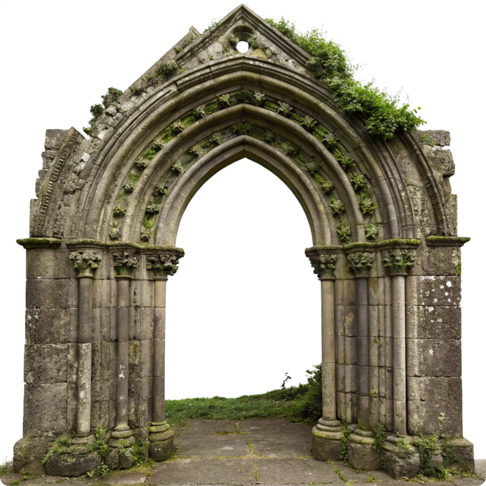 Ancient Stone Archway Entrance to a Mysterious Place, Overgrown with Moss and Vines png