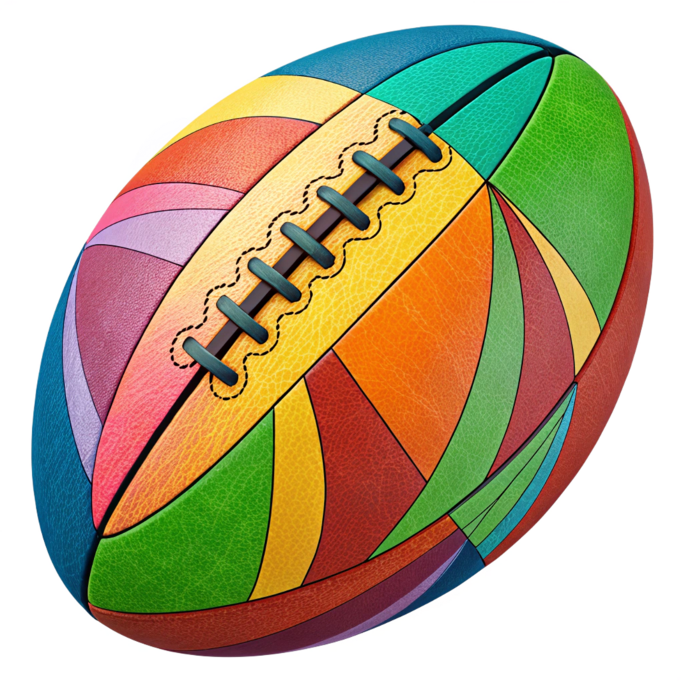 A vibrant and colorful rugby ball with a unique geometric design png