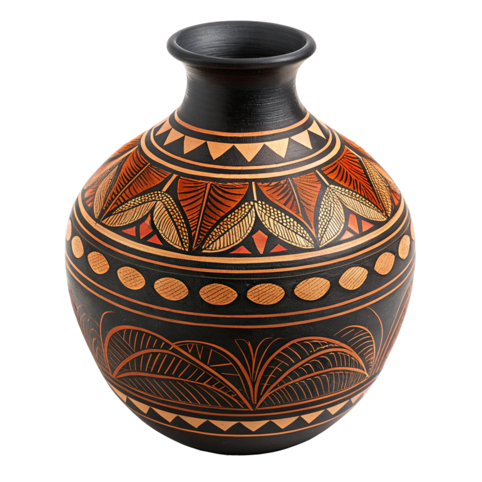 Handcrafted Black and Orange Native American Style Pottery Vase with Intricate Geometric and Leaf Designs png