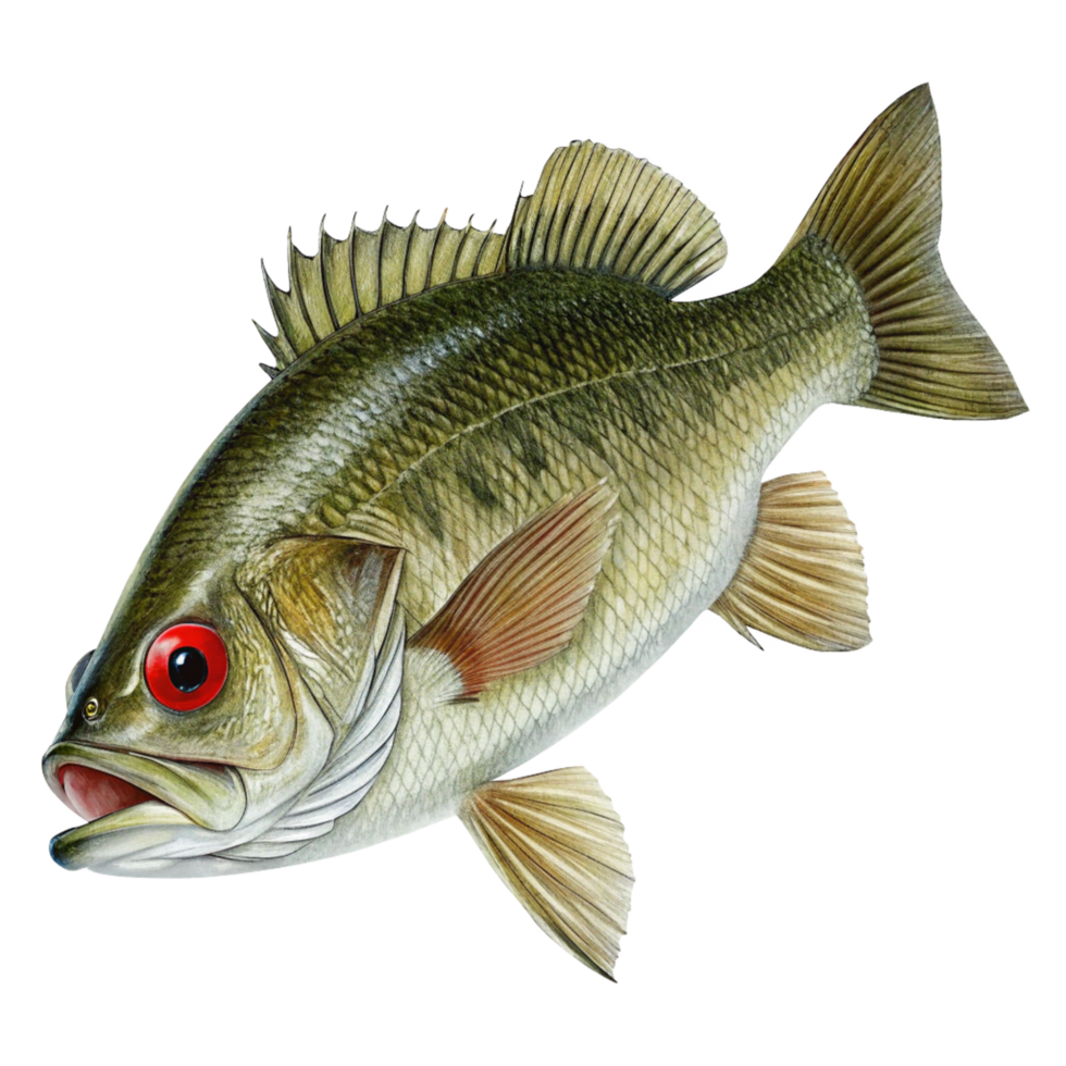 Detailed Illustration of a Largemouth Bass Fish with Striking Red Eyes png