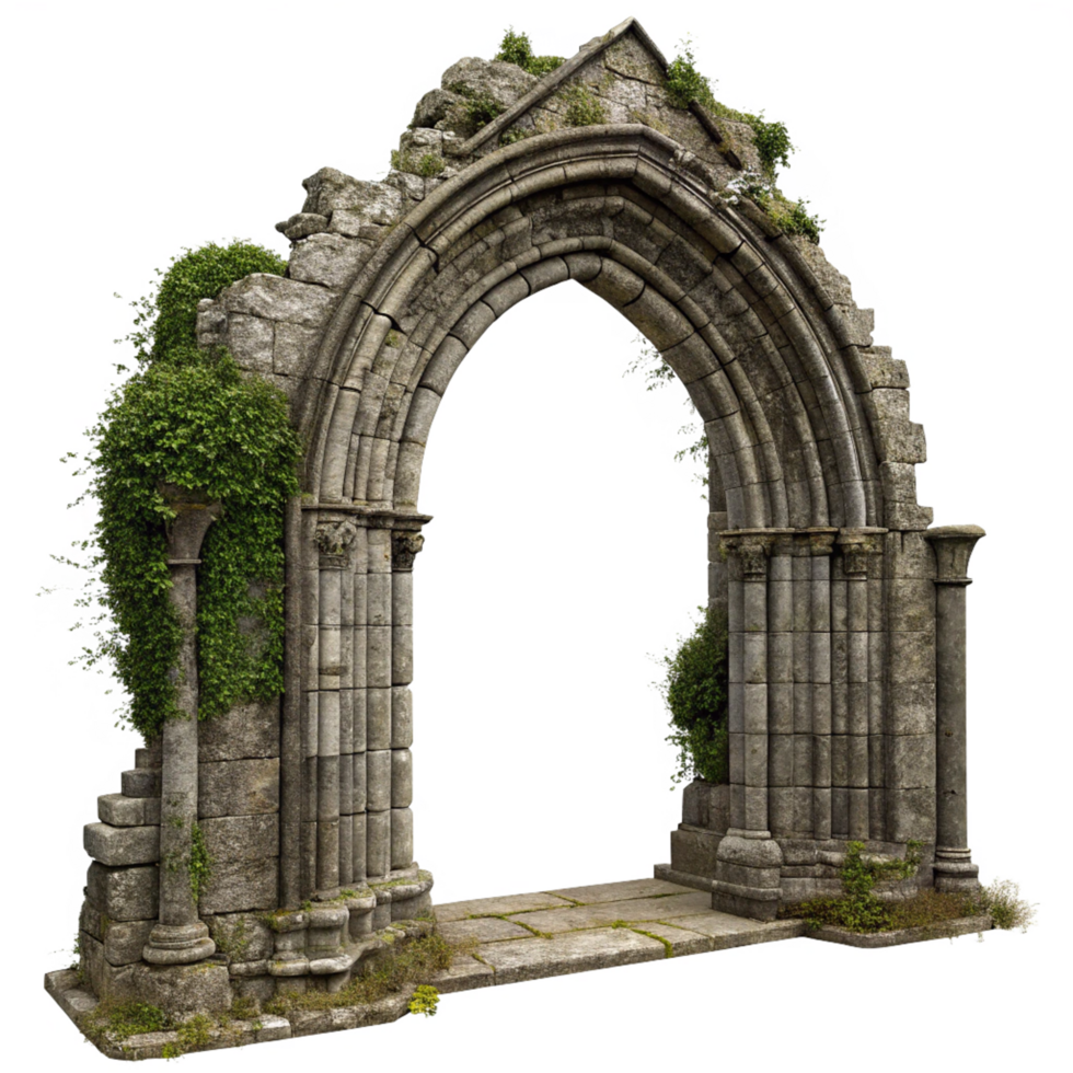 Ancient Stone Archway Ruins Overgrown with Ivy and Vegetation png
