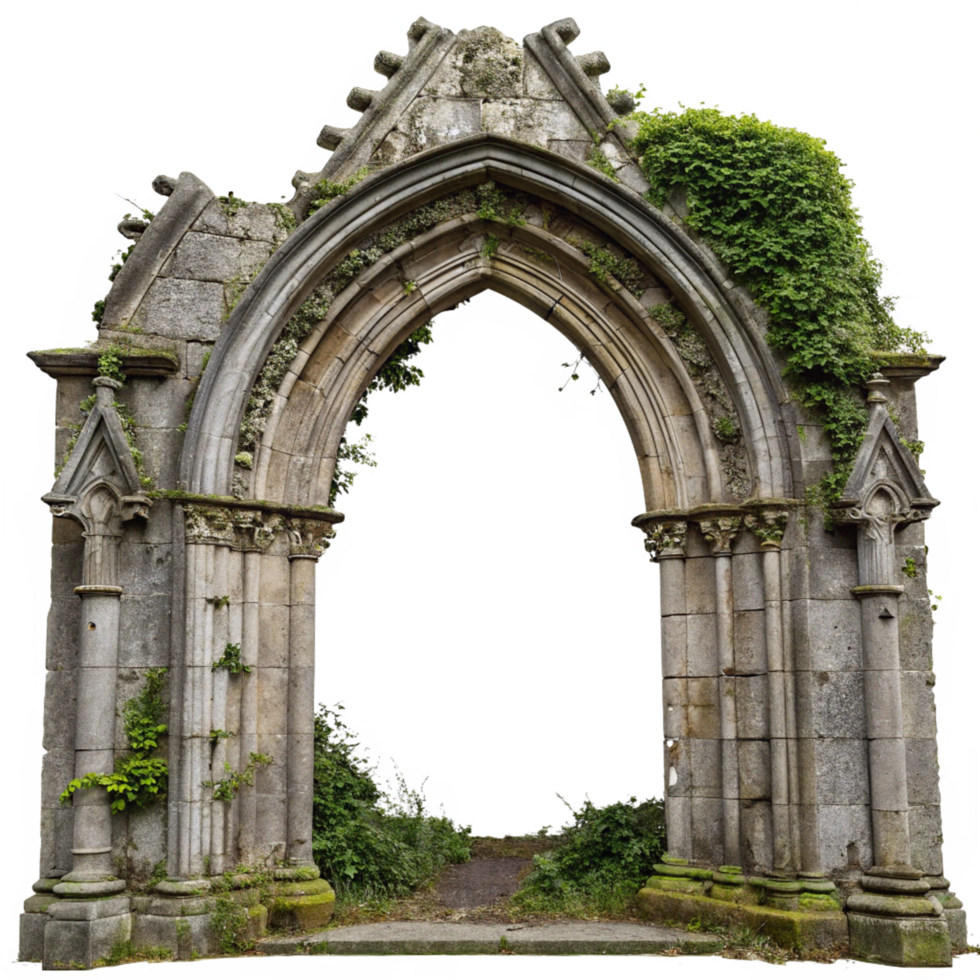 Ancient Stone Archway Ruins Overgrown with Vines and Moss png