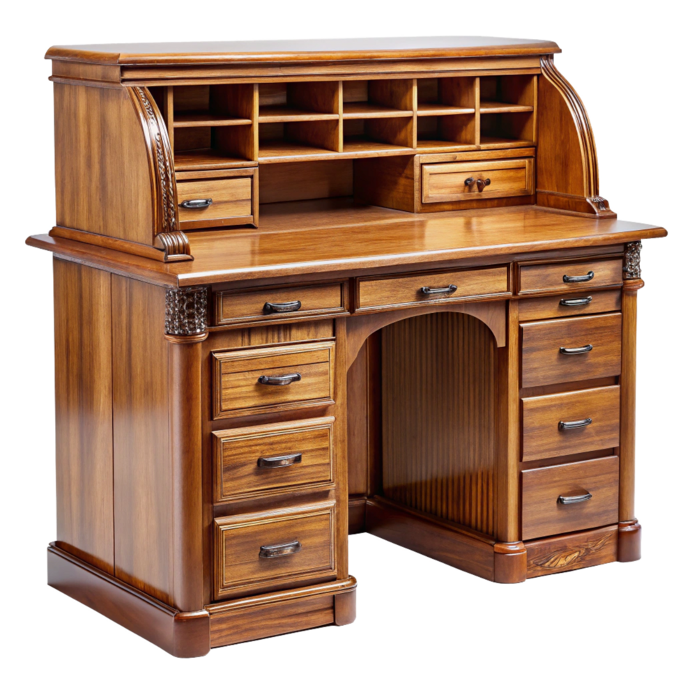 Elegant Solid Wood Roll Top Desk with Multiple Drawers and Compartments png