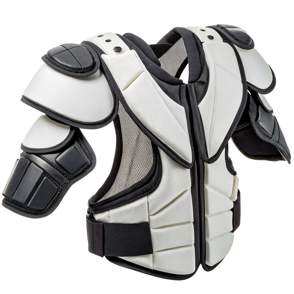 Protective White and Black Lacrosse Shoulder Pads for Athletic Sports Safety Gear png