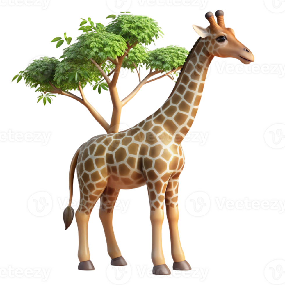 wonderful minimalist A graceful giraffe reaching for leaves on a tall tree, illuminated by dappled sunlight. Rendered in a natural, photorealistic style professional png