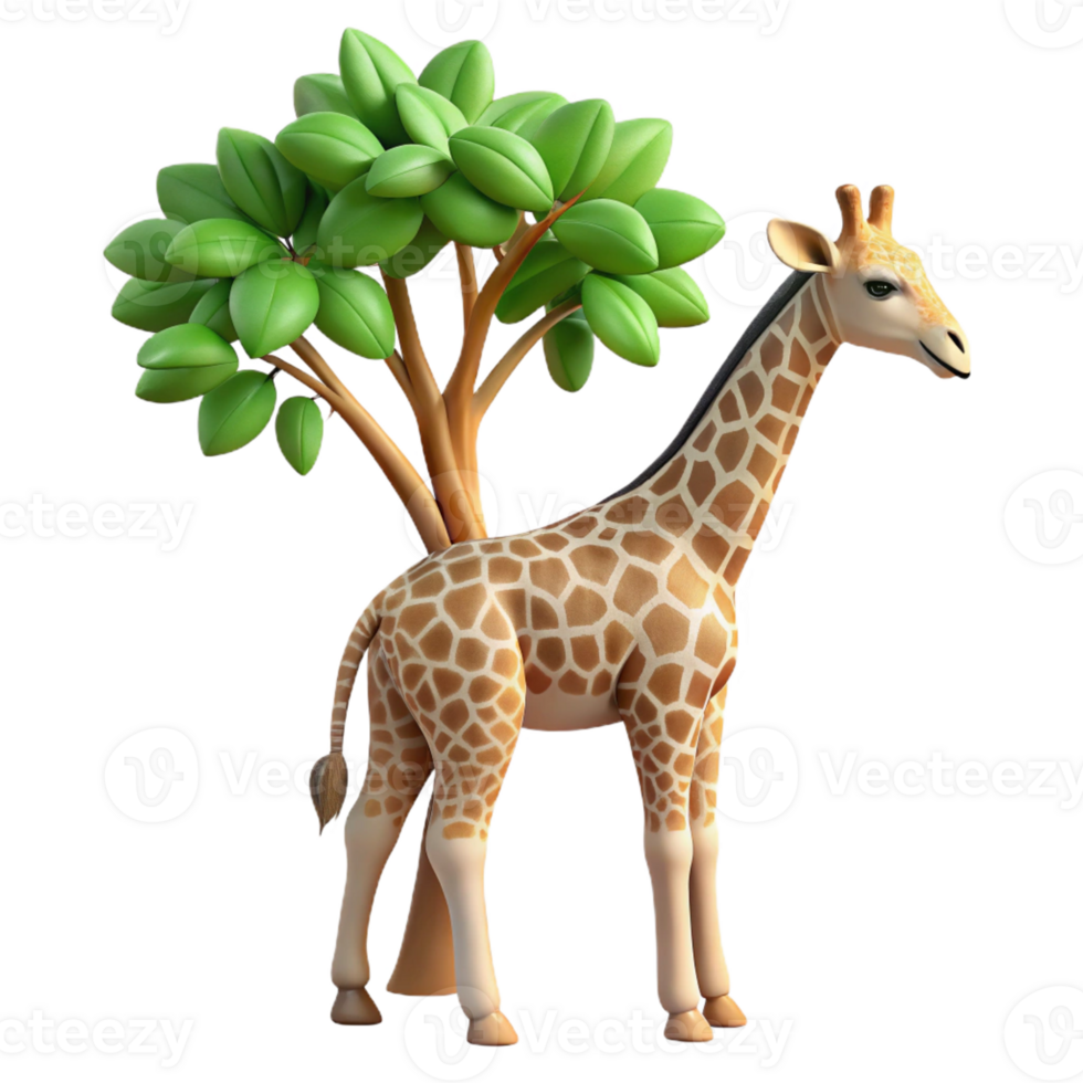 impressive creative A graceful giraffe reaching for leaves on a tall tree, illuminated by dappled sunlight. Rendered in a natural, photorealistic style high quality png