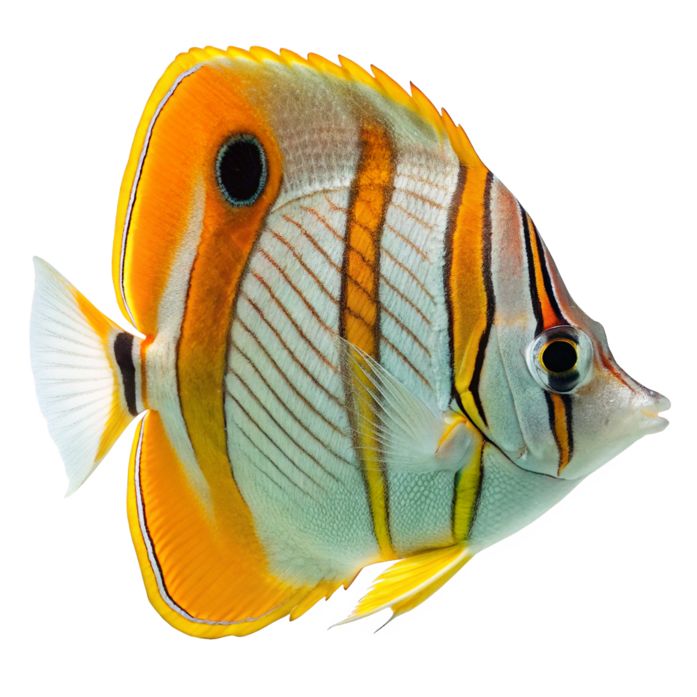 A Stunning Closeup of a Masked Butterflyfish in Vibrant Colors Against a Black Background png
