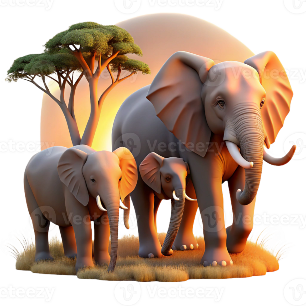 extraordinary minimalist A family of elephants walking across the African savanna, illuminated by the warm light of sunset. Rendered in a serene, realistic style high resolution png